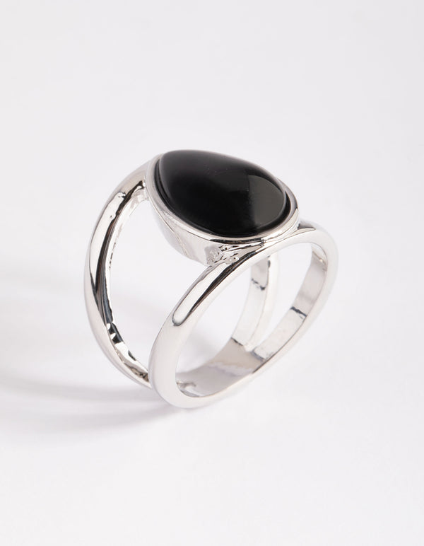 Silver Black Pear Stone Ring