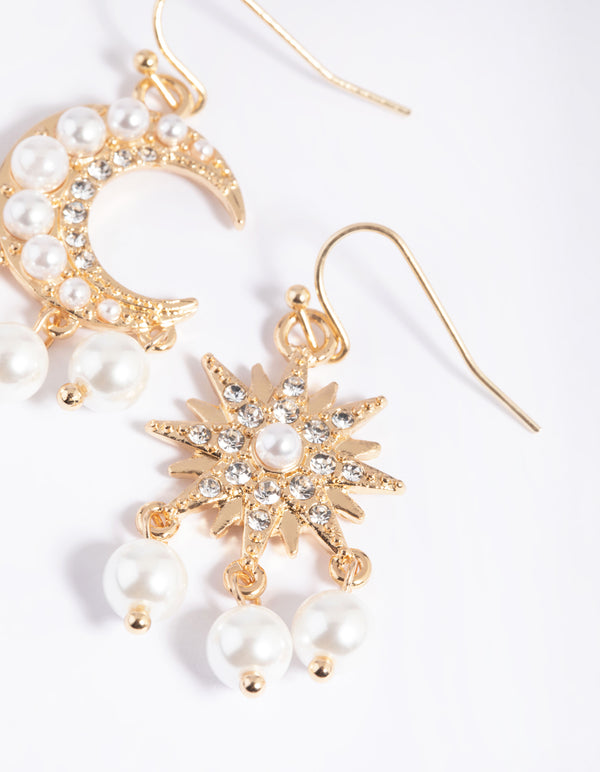 Gold Star & Moon Pearl Drop Earrings