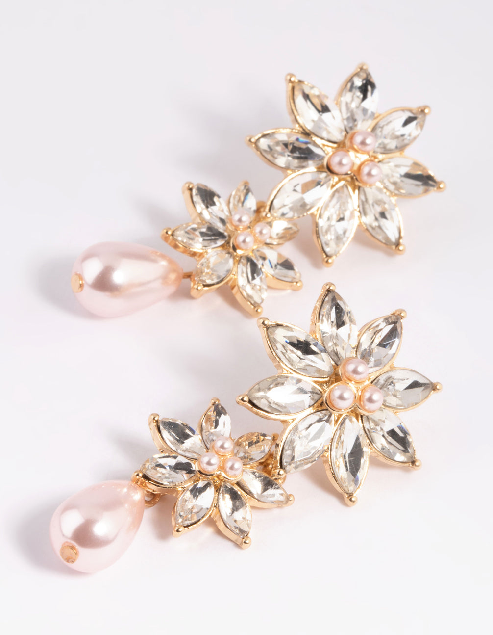 Pink Diamante Flower & Pearl Drop Earrings