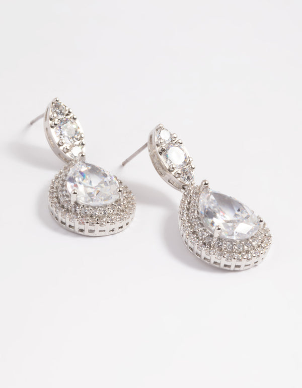 Silver Diamond Simulant Oval Halo Drop Earrings