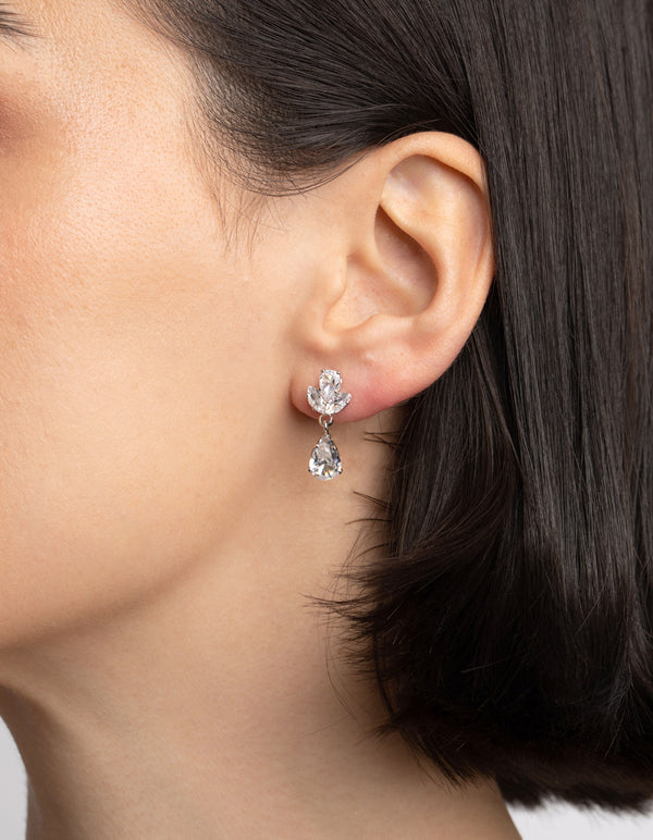 Silver Diamond Simulant Flower Necklace & Earrings Set