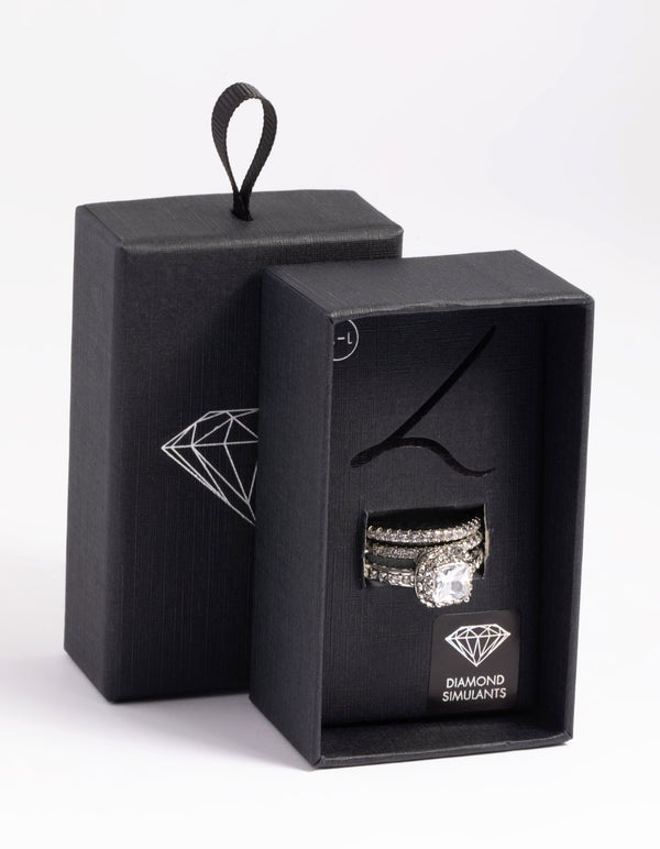 Silver Diamond Simulant Square Ring Pack