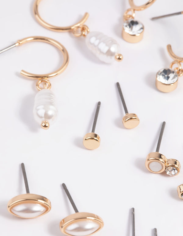 Gold Mixed Pearl Stud & Huggie Hoop Earring 8-Pack