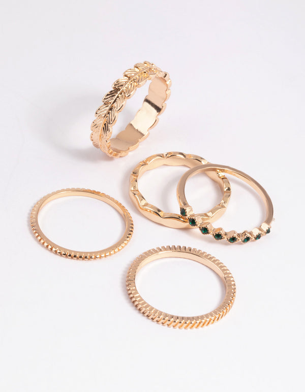 Gold Green Diamante & Leaf Rings 5-Pack