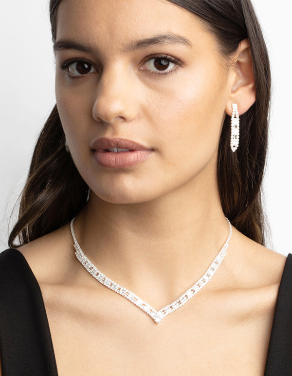 Silver Cubic Zirconia Statement Necklace & Earrings Set