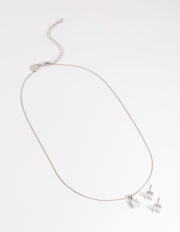 Silver Diamond Simulant Square Necklace & Earrings Set