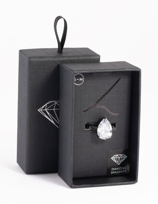 Rhodium Diamond Simulant Teardrop Ring