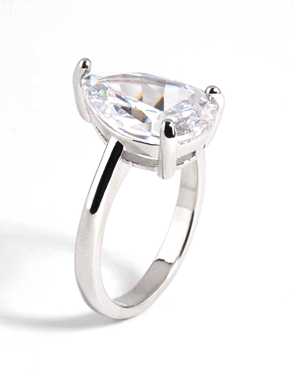 Rhodium Diamond Simulant Teardrop Ring