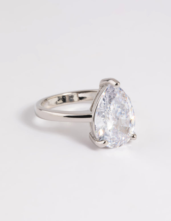 Rhodium Diamond Simulant Teardrop Ring