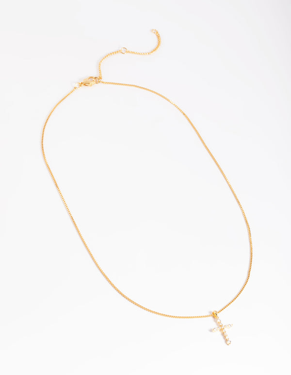 Gold Plated Cubic Zirconia Cross Chain Necklace