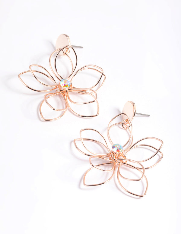 Rose Gold Pink Crystal Large Wire Flower Drop Earrings