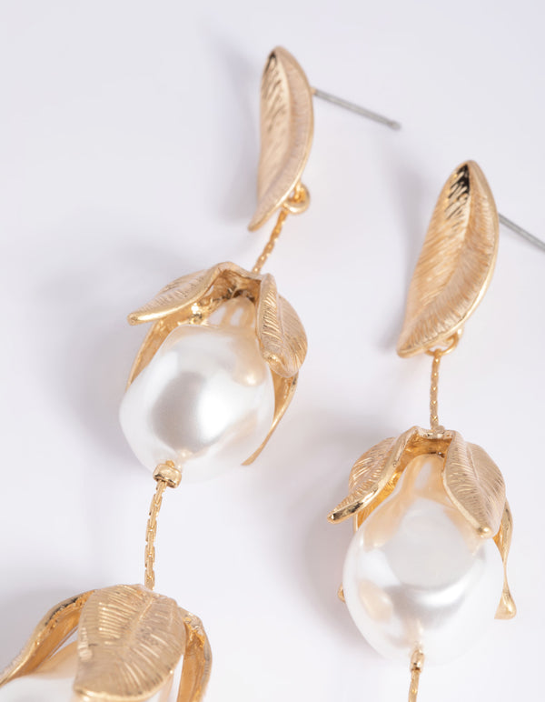 Gold Pearl & Flower Drop Earrings