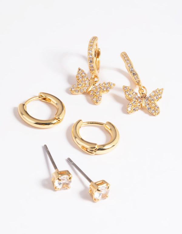 Gold Plated Brass Cubic Zirconia Butterfly Earring Stack 6-Pack