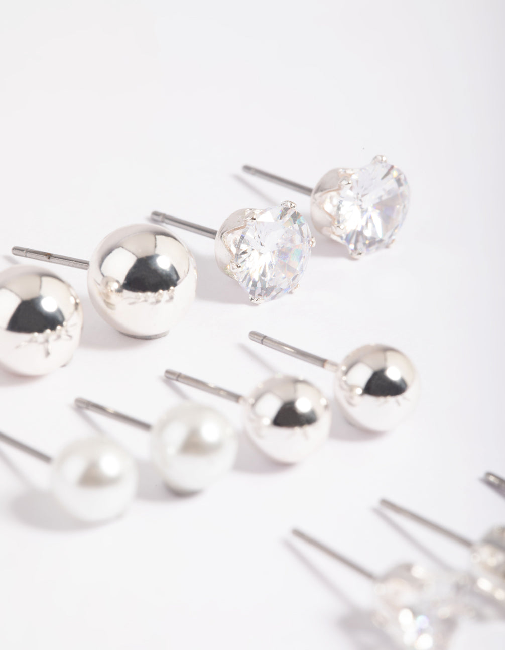 Silver Diamante Pearl Stud Earrings 6-Pack