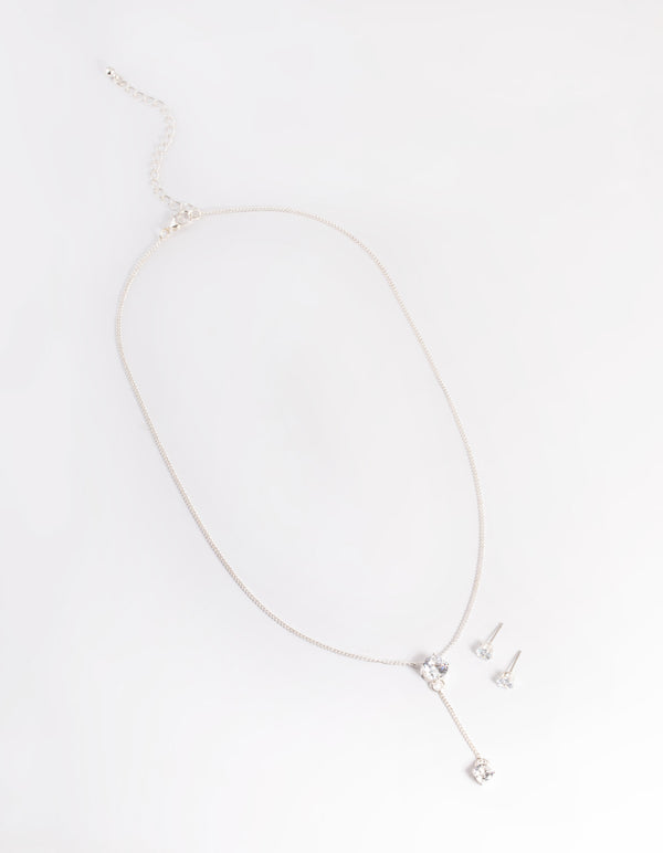 Silver Diamante Y Necklace & Stud Earrings