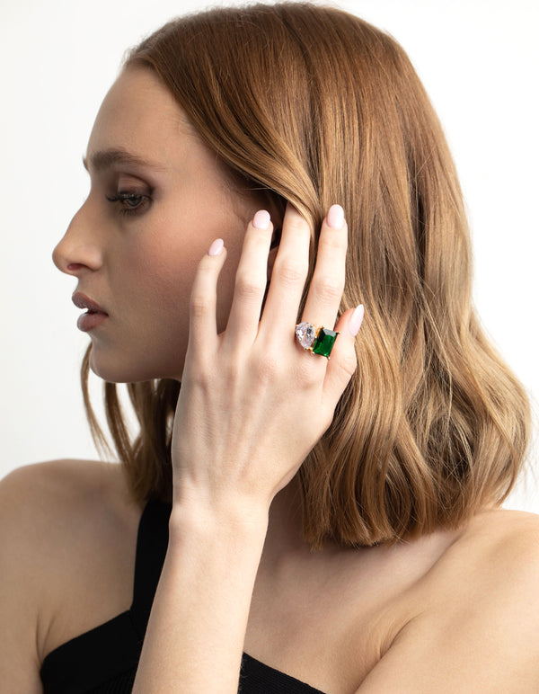 Rhodium Cubic Zirconia Green Statement Ring