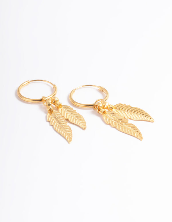 Gold Plated Sterling Silver Dangle Leaf Huggie Earrings