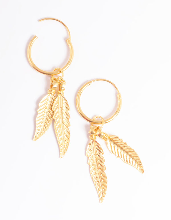 Gold Plated Sterling Silver Dangle Leaf Huggie Earrings