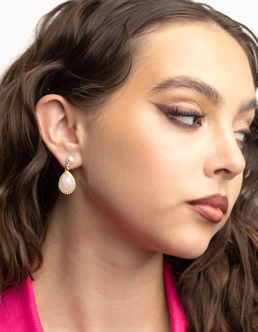 Gold Pearl Neutral Stone Drop Earrings