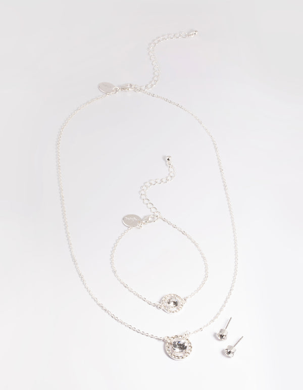Silver Stone & Surrounded Necklace, Bracelet & Earrings Set