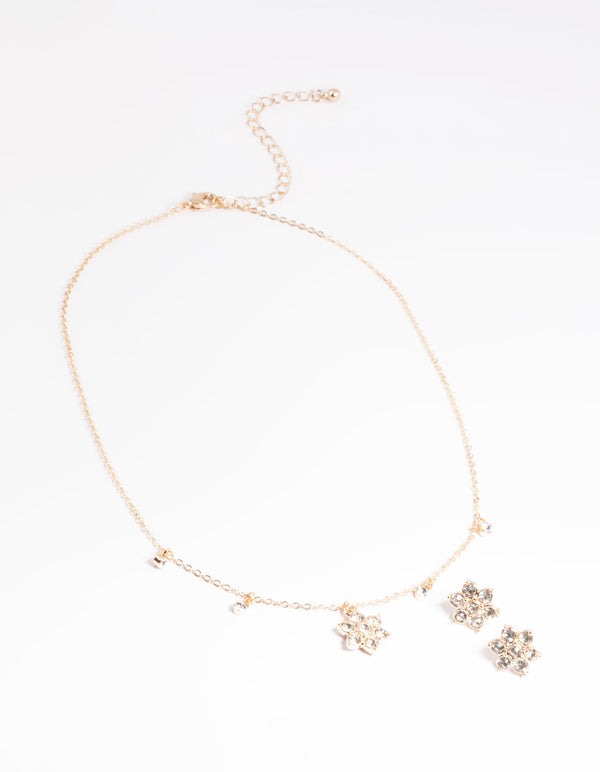 Gold Flower Droplet Necklace & Earrings Set