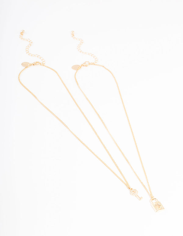 Gold Diamante Lock & Key Necklace Pack