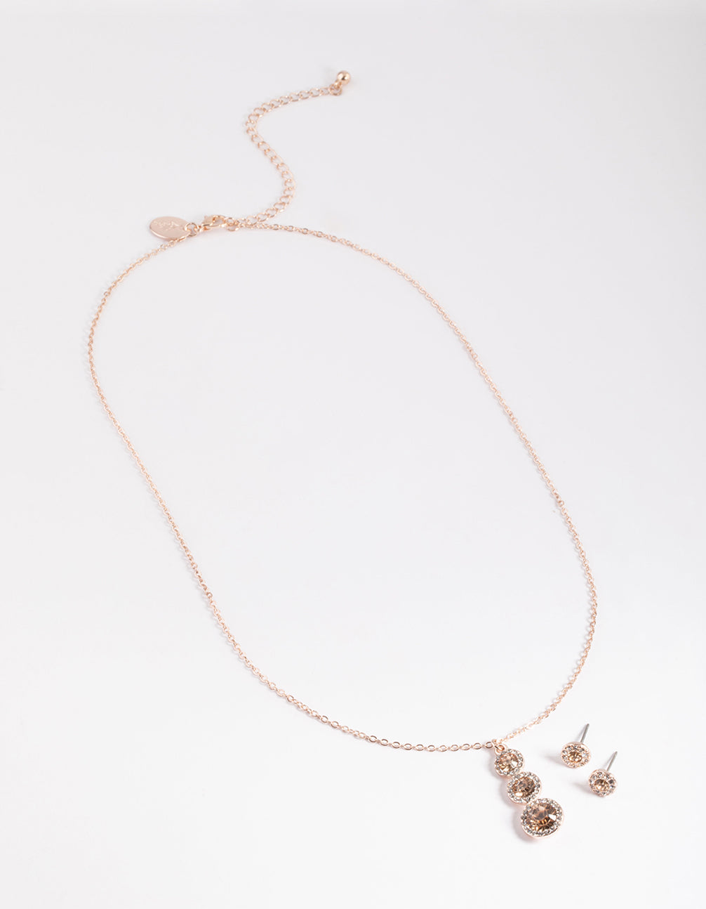 Rose Gold Round Halo Drop Necklace & Stud Earrings