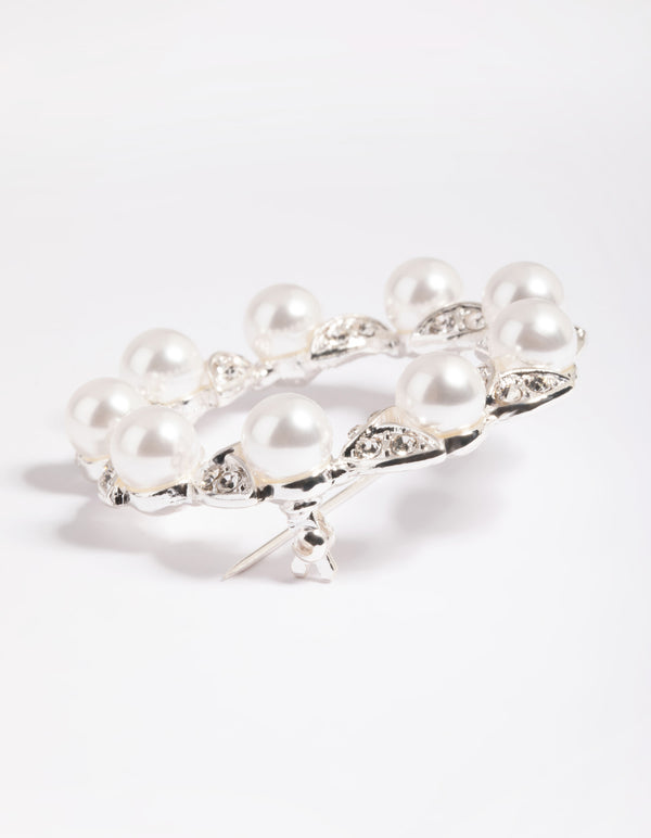 Silver Diamante Leaf & Pearl Brooch