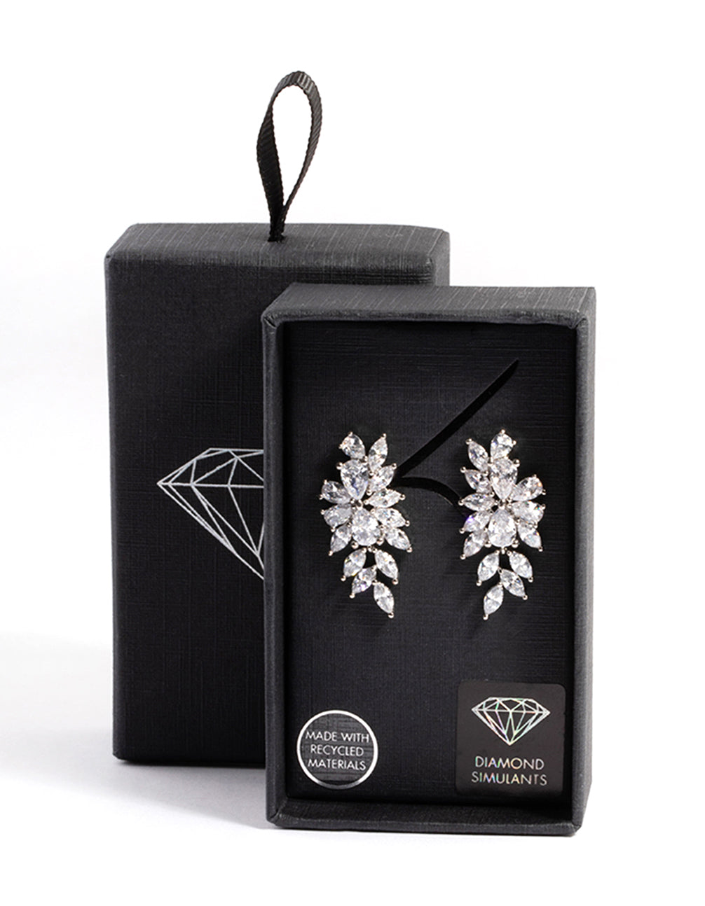 Silver Diamond Simulant Floral Drop Earrings