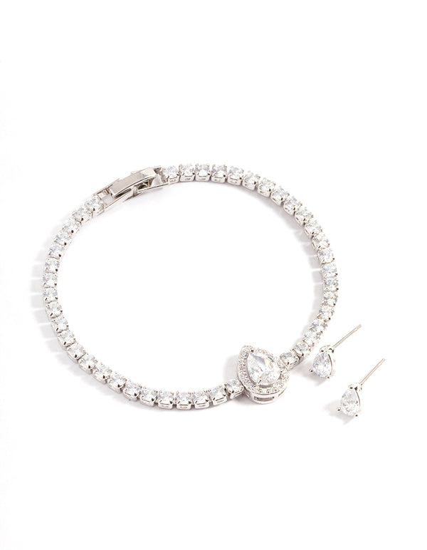 Silver Diamond Simulant Oval Stone & Bracelet Set