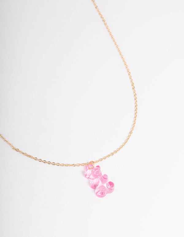 Gold Pink Candy Bear Necklace
