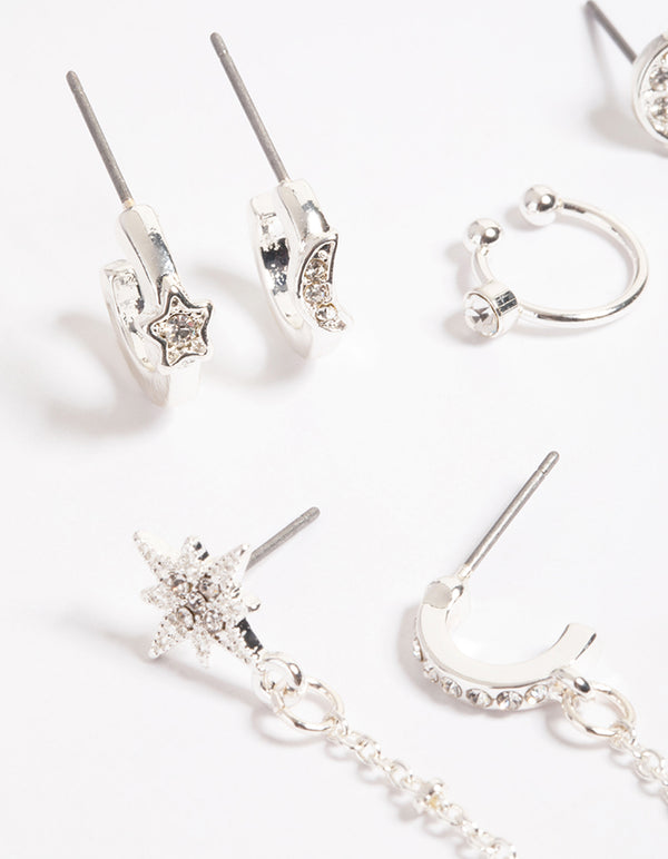 Silver Celestial Chain Stack Earrings