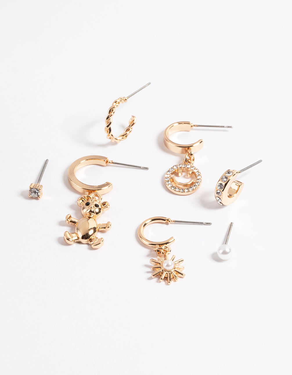 Gold Smiley & Bear Diamante Stack Earrings