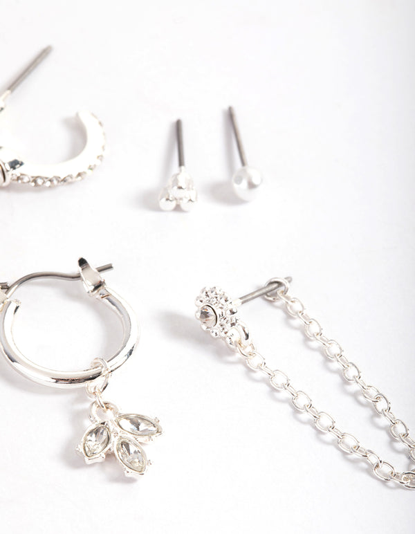 Silver Diamante Star & Leaf Stack Earrings