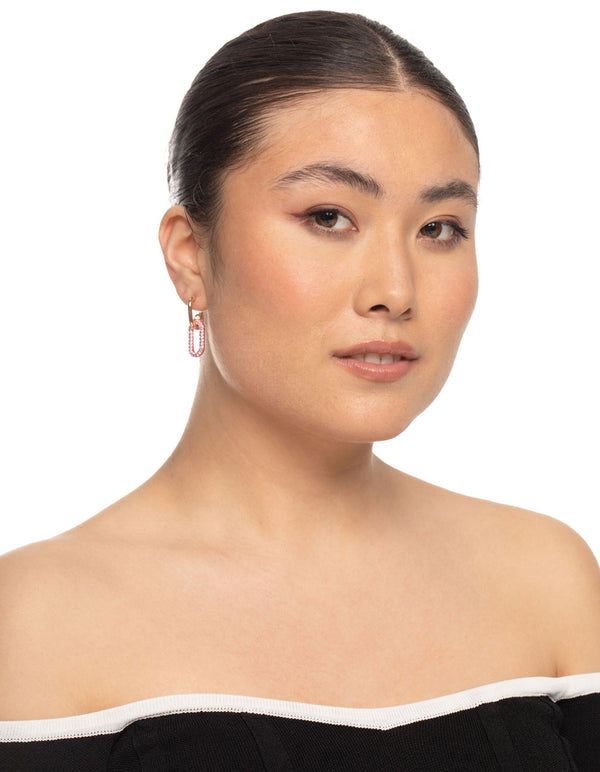 Gold Pink Link Drop Hoop Earrings