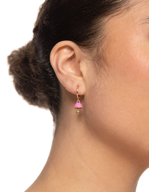 Gold Neon Pink Mushroom Huggie Earrings