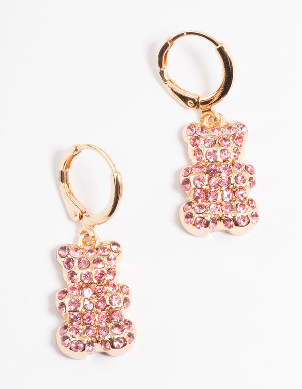 Pink Diamante Teddy Bear Huggie Earrings