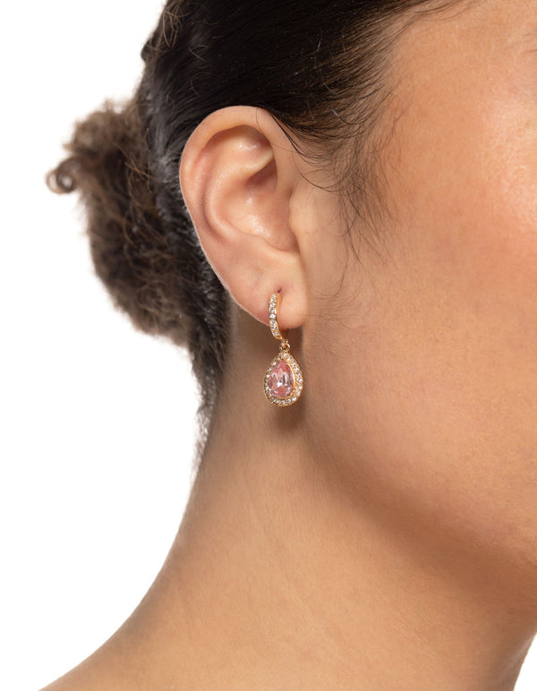 Gold Pink Oval Halo Earrings