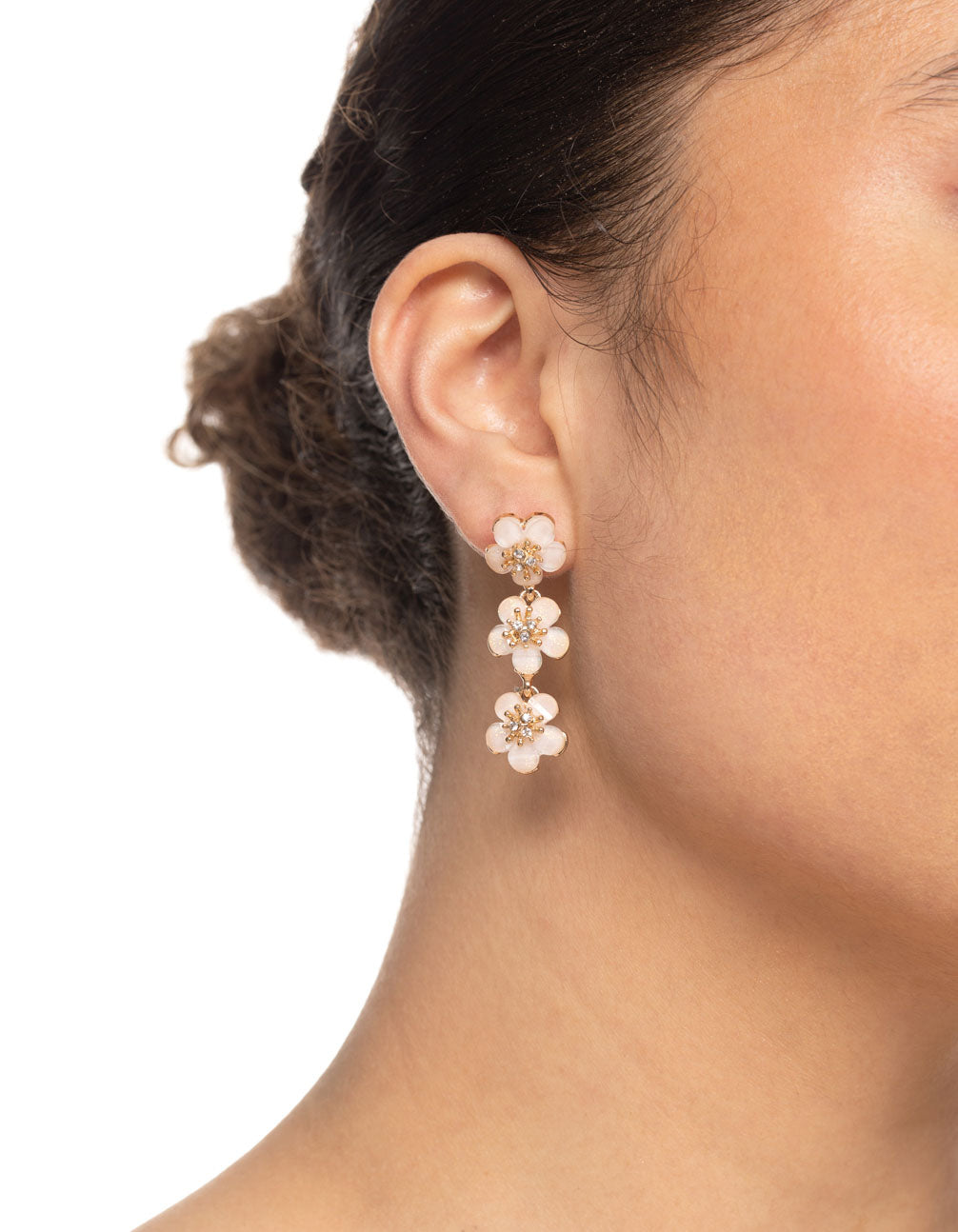 Gold Diamante White Flower Drop Earrings