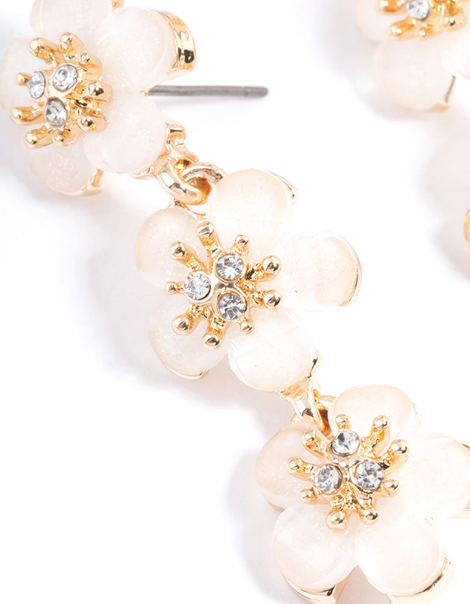 Gold Diamante White Flower Drop Earrings