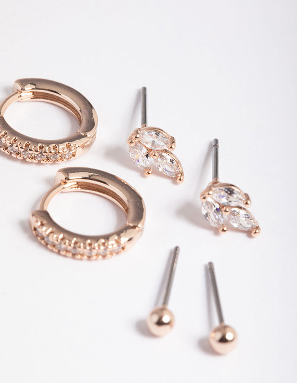 Rose Gold Plated Brass Cubic Zirconia Leaf Earrings 6-Pack