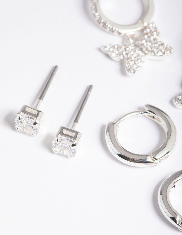 Silver Plated Brass Cubic Zirconia Pave Butterfly Earring 6-Pack