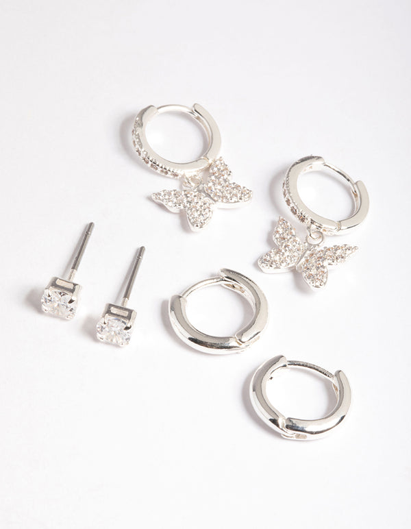 Silver Plated Brass Cubic Zirconia Pave Butterfly Earring 6-Pack