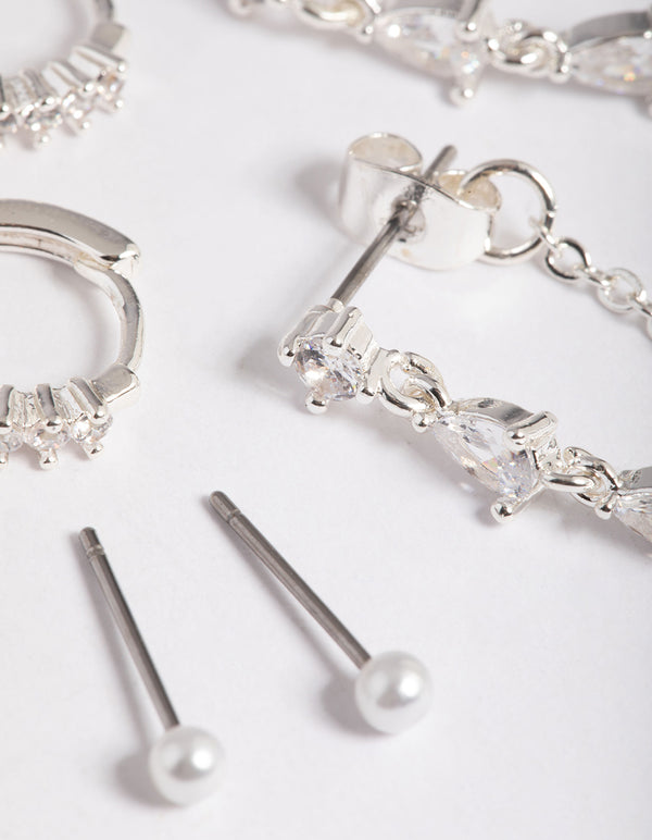 Silver Plated Brass Cubic Zirconia Pear Chain Earring 6-Pack