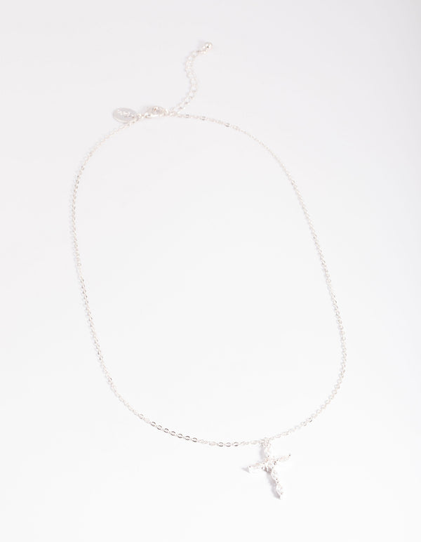 Silver Classic Diamante Cross Necklace