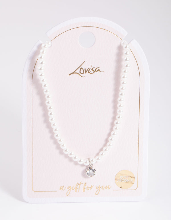 Silver Classic Pearl & Diamante Necklace