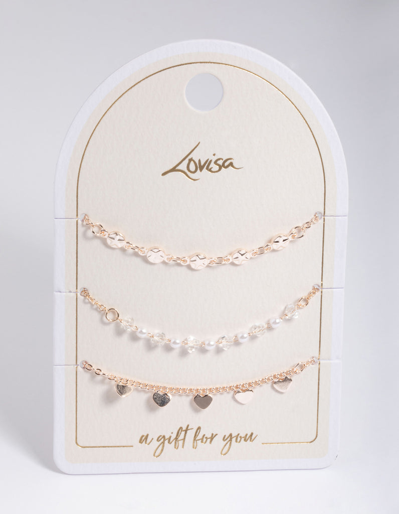 Rose Gold Disc, Pearl Heart Charm Bracelet Pack Lovisa
