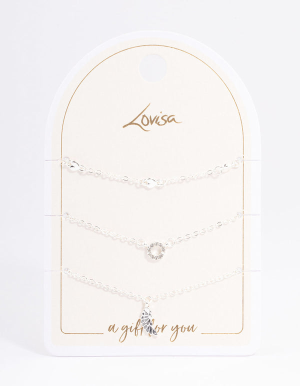 Silver Dainty Circle & Wing Bracelet Pack