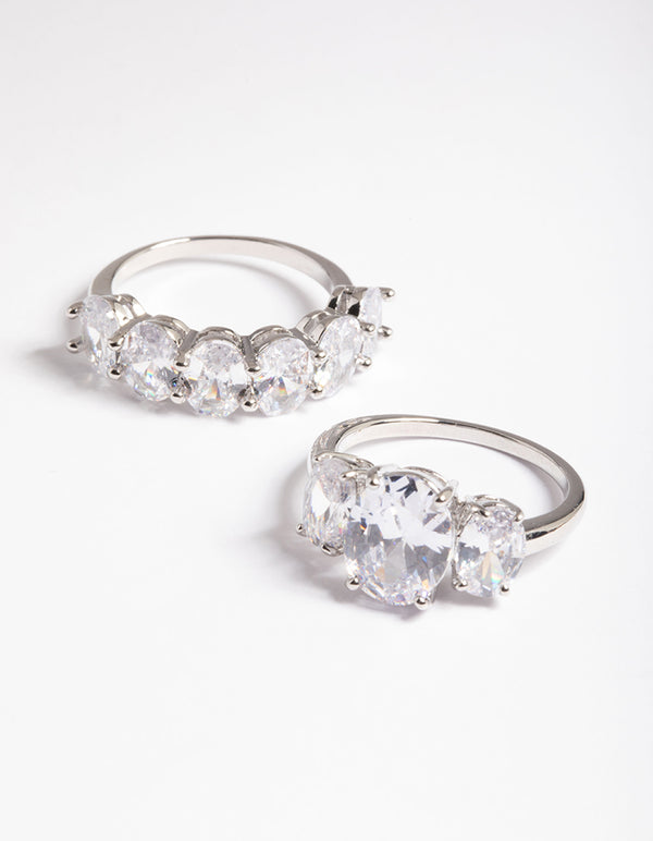 Silver Cubic Zirconia Statement Oval Ring Pack