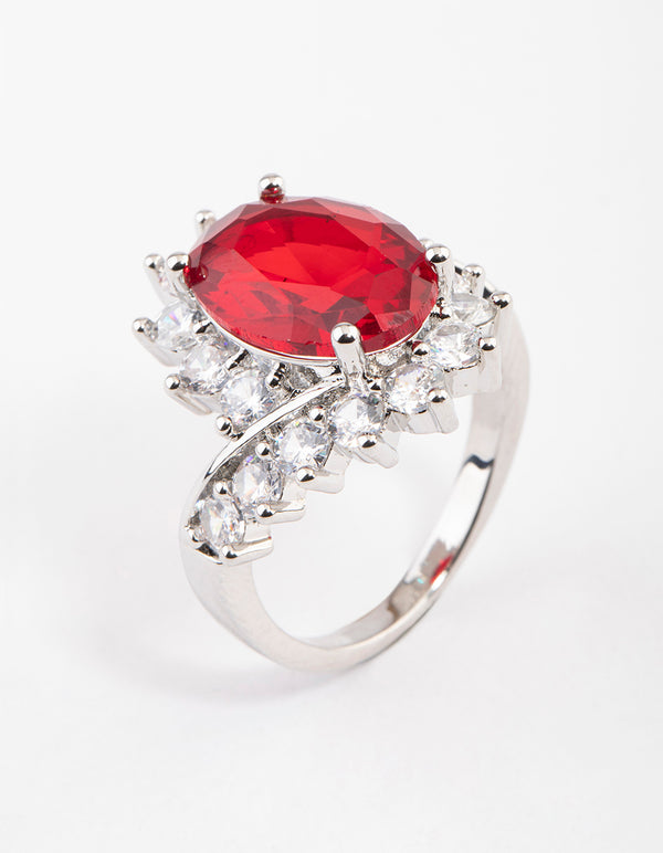 Silver Cubic Zirconia Vintage Red Oval Ring